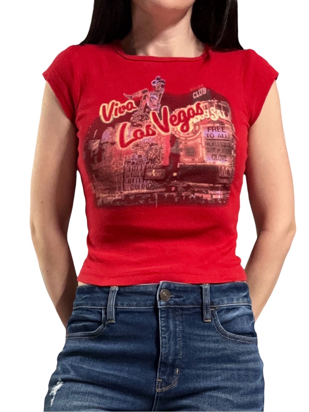 Self Esteem | Y2K Red Las Vegas Graphic Print Short Sleeve Cropped Baby Tee